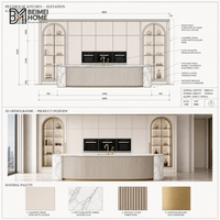 Meubles de cuisine modernes de luxe en cachemire crème, îlot cascade cannelé à double arche romaine, menuiserie de penthouse