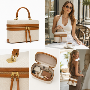 Sac de toilette vintage en toile avec garniture en cuir PU |   Élégante trousse de maquillage, sac à main, sac bandoulière pour femmes |   Échantillons en 7 à 10 jours - Product Image 6