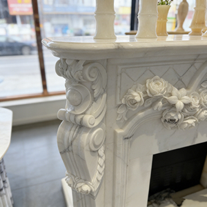 <span class=keywords><strong>Cheminée</strong></span> en marbre blanc sculpté à la main, motif floral rose en relief, taille personnalisée, <span class=keywords><strong>pierre</strong></span> naturelle durable, décoration de luxe pour la maison - Product Image 4