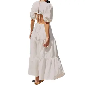 Loose Backless Fashion Ladies Summer Dress Solid Color Pleated Long Skirt Casual Simple Style Suitable for Work
