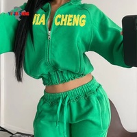 Haute qualité 100% coton pantalons de survêtement et recadrée fermeture éclair à capuche ensemble femmes personnalisé en détresse broderie deux pièces survêtements ensemble