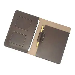 Real cow leather custom memo pad with pen holder supplier leather portfolio folder laptop bag tablet sleeve notepad cover case