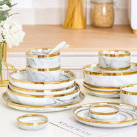 Vente flash - Service de vaisselle en céramique en porcelaine durable, couleur marbre nordique, bord doré, vaisselle écologique