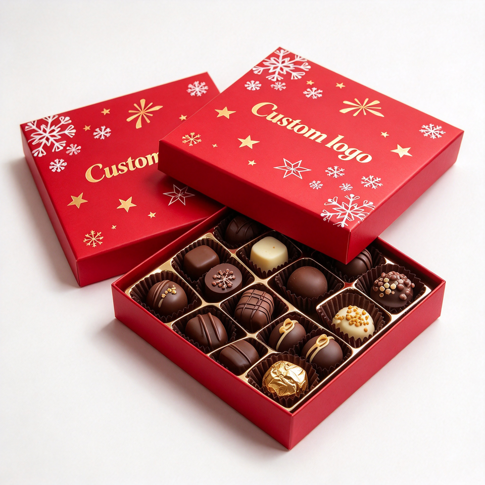Red Christmas Chocolate Box With Snowflake Pattern and Gold Divider ...