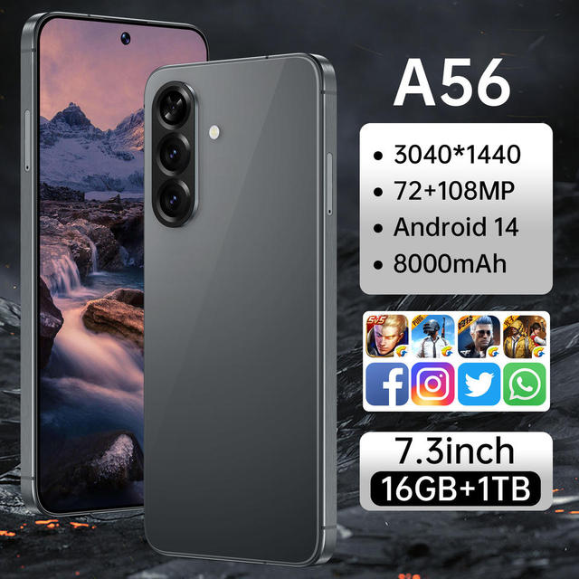 2026 High Quality New A56 Android14  Smartphone Global Version 8+256GB 7.3 Inch Dual Sim Big Screen 5G A56 Mobile Phones