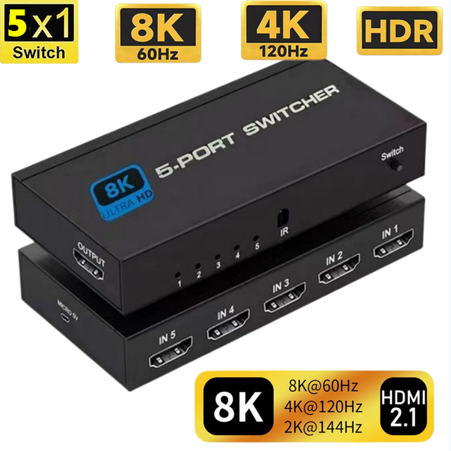 8K HDMI 2.1 Switcher HDCP2.3 HDR10 5x1 HDMI Switch Converter 8K 60hz 4K 120hz 5 Prot in 1 Out HDR Adapter for PS4 PS5 HDTV Xbox