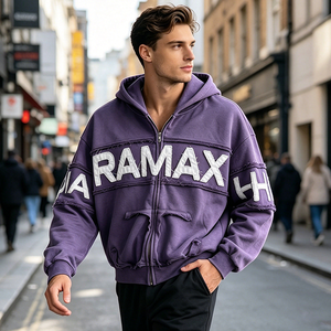 Sweat à capuche zippé personnalisé en chenille avec appliqué, pour homme, effet vieilli, bords bruts, coupe carrée, style streetwear, entièrement zippé, OEM ODM personnalisé - Product Image 3