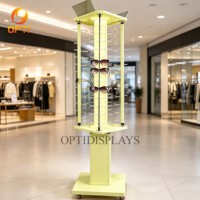 Retail Optical Shop Floor Display Rack, Rotating Sunglasses Holder Stand with Wheels, Light Blue Eyewear Display for Mall