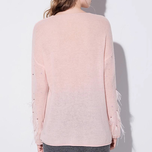 Weshallo di lusso Hot Fix strass design nappe maglieria <span class=keywords><strong>maglia</strong></span> corta in cotone maglione donna <span class=keywords><strong>con</strong></span> piuma di struzzo - Product Image 2
