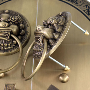 Poignée de porte en laiton de style chinois, design tête de lion, anneau de traction rond avec loquet et serrure pour porte en bois - Product Image 2