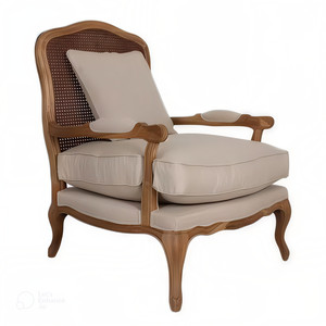Poltrona in Legno Massello Stile Antico Francese Rustico Direttamente dalla Fabbrica con Schienale in Rattan e Rivestimento in Tessuto Beige - Product Image 2