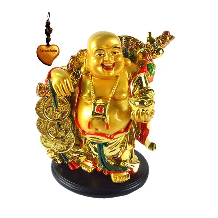 Feng Shui Golden หัวเราะ Happy Buddha Holding Ingot ตกแต่งรูปปั้น Charm