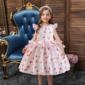 Vestido de princesa para niñas, corte en A, tul, estampado floral, cuello redondo, vestido de niña de las flores para niños - Product Image 1