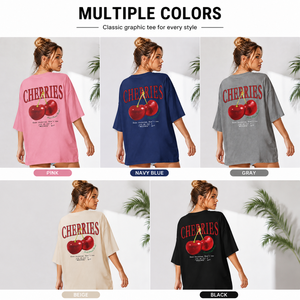 T-shirt graphique noir surdimensionné à manches courtes pour femme, 100% coton jersey, imprimé cerise, streetwear, haut décontracté d'été - Product Image 2