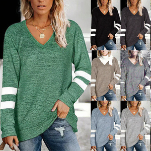 Camiseta de manga larga con cuello en V para mujer 2025, estilo europeo americano, costuras en contraste, ajuste holgado, tejido antipilling, otoño - Product Image 3