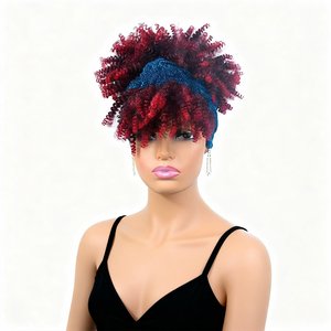 Peluca Afro Corta Rizada para Mujer, con Flequillo Alto, Sintética, Negra, con Diadema Ajustable - Product Image 2