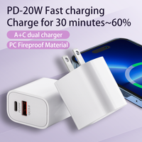 Chargeur rapide Premium 20W QC3.0 USB-A+C double port PD/GaN, adaptateur secteur compact, coque PC ignifuge pour prise US/EU 15/14