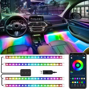 4 Uds. 4 en 1, luz de ambiente para coche, Color que fluye, LED RGB, tira de luces decorativas para Interior de coche, lámpara ambiental para pie de coche con control remoto por aplicación