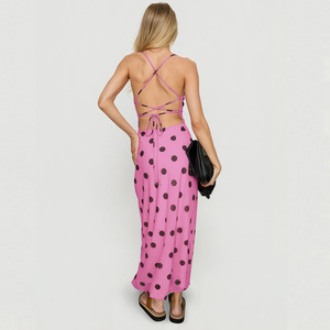 Vestido midi rosa de lunares con tirantes finos, cintura imperio, estampado casual, ajustado, sin mangas, de punto, para fiesta de verano - Product Image 2