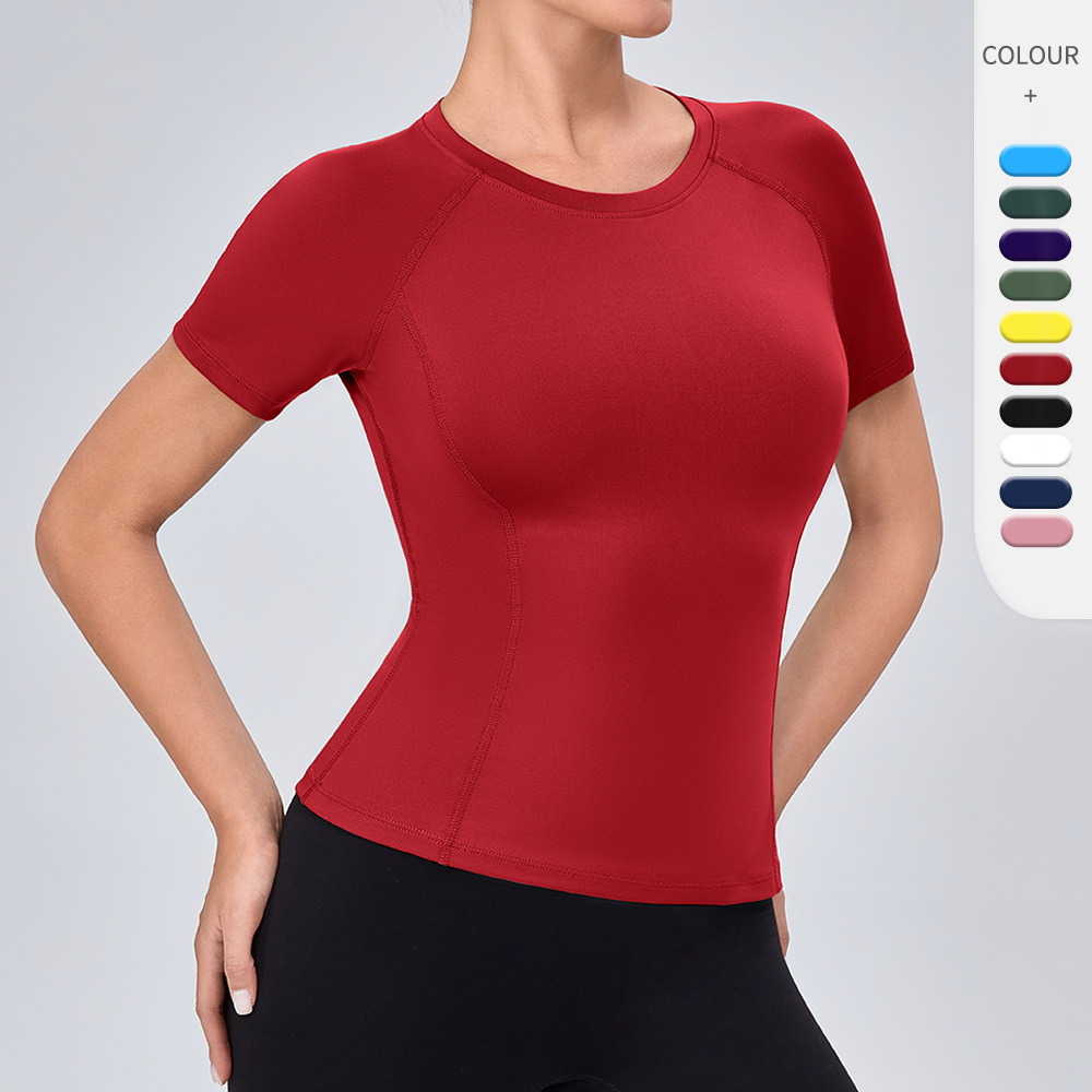 European American Women's Tight Yoga Short-Sleeve for High-Elastic Quick-Drying Crew Neck Fitness Workout T-Shirt Slimming Top