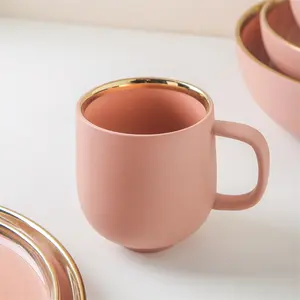 도매 북유럽 스타일 라운드 골드 림 매트 핑크 차 시리얼 커피 사용자 정의 머그컵 컵