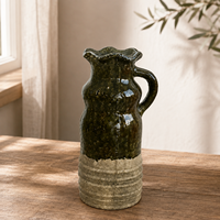 Vase à fleurs en céramique vintage, corps émaillé caramel, finition gris patiné, poignée à double anneau pour la décoration de table console