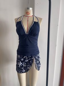 Women's Halter Neck Skirted Tankini Set with Scalloped Trim Side Tie Palm Print Bottom, Modest Tummy Control Swimwear - Product Image 4