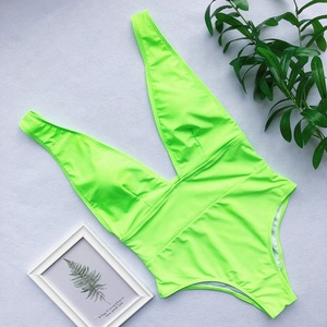 Traje de baño de Color liso con cuello en V profundo sin espalda Monokini traje de baño de una pieza <span class=keywords><strong>Bikini</strong></span> Sexy - Product Image 2
