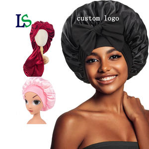 <span class=keywords><strong>Bonnet</strong></span> en satin de soie personnalisé avec logo pour dormir, double couche doublée de satin avec bande à nouer pour femmes aux cheveux bouclés - Product Image 1