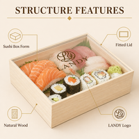 Boîte à sushi en bois massif naturel, style japonais, plateau d'emballage pour sashimi avec couvercle en acrylique pour les plats à emporter de fruits de mer