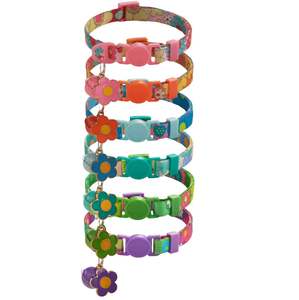 Venta al por mayor multicolor impresión ajustable poliéster mascota gato cachorro Collar con campanas y colgante floral - Product Image 1