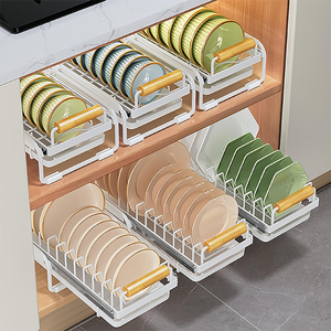 Japanese Style Sliding Drawer Tableware Utensil Bowl and <b>Dish</b> Plate Storage Organizer Drying Rack With Wood Handle for Cabinet - Product Image 1