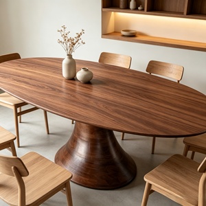 Set Tavolo da Pranzo Ovale Moderno Personalizzato in Impiallacciatura di Noce, Stile Minimalista in <span class=keywords><strong>Legno</strong></span> Massello, <span class=keywords><strong>Arredamento</strong></span> per <span class=keywords><strong>Soggiorno</strong></span> di Villa, 6 Posti, Durevole - Product Image 5