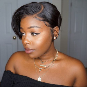 Perruques en cheveux humains péruviens abordables, coupées courtes et lisses, 8 pouces, avec closure HD transparente 5x5, sans colle, pour femmes, effet naturel bouclé - Product Image 1