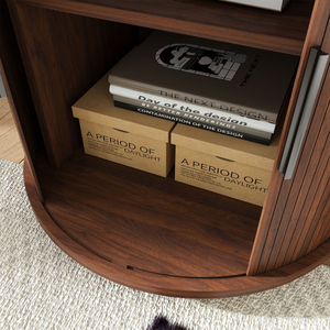 Mid Century Modern Wood Cylinder End Table Built-in Charging Station Sliding Door 2-Tier <b>Storage</b> Nightstand <b>USB</b> Ports Bedroom - Product Image 3