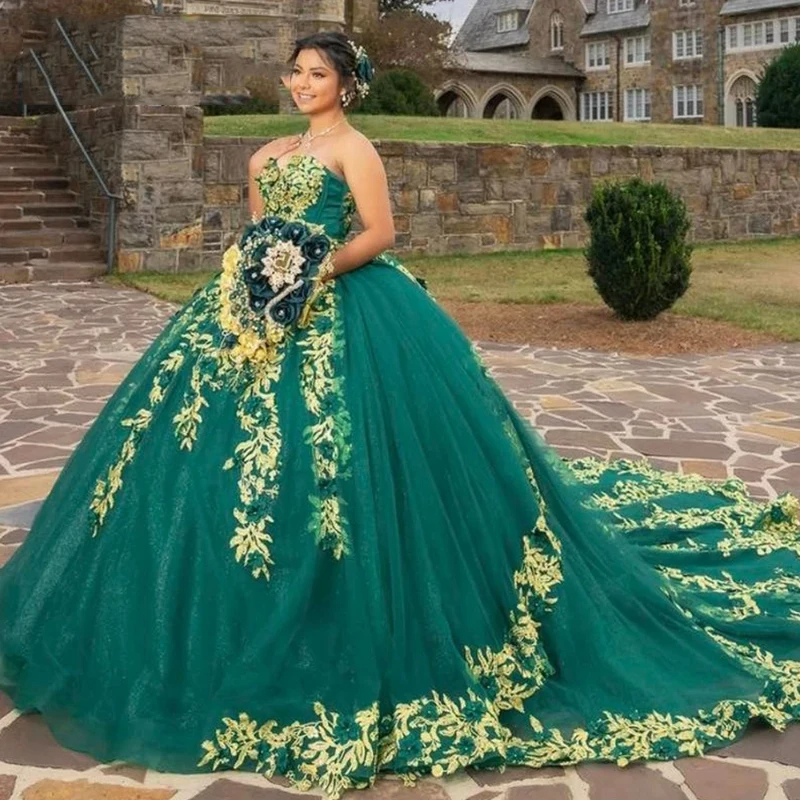 slim fit dress slacks 3D Flowers Emerald Green Quinceanera Dresses Ball Gown Quince Dress Custom Size / Custom Color main image 1