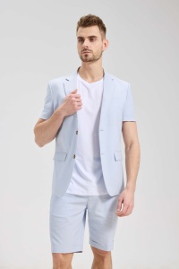 Completo Estivo da <span class=keywords><strong>Uomo</strong></span> in <span class=keywords><strong>Lino</strong></span> a 2 Pezzi, Manica Corta e Pantaloncini, OEM/ODM, Traspirante, Blu Cielo, Casual Elegante per Gentiluomini, Vendita all'Ingrosso - Product Image 2