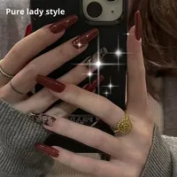 Nouvelle Collection : Ongles en Résine Style Rétro Chic, Motif Feuille Rouge-Brun, Armure Amovible et Lumineuse, Demi-Couverture, 24 Pièces