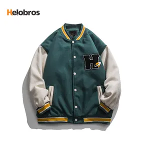 Özel gevşek eğilim yakışıklı kontrast renk beyzbol üniforma yün işlemeli Pilot klip mektup erkek kolej ceketi