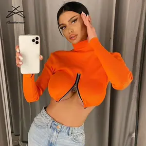 Phụ Nữ Rùa Cổ New Plain Orange Rắn Màu Dài Tay Sexy Crop Top Bodycon Phụ Nữ Ngắn T Shirt Casual Thời Trang Crop Tops