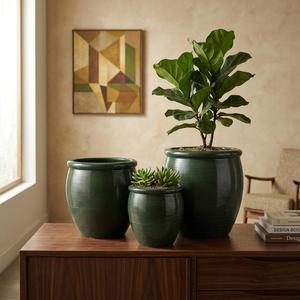 Juego de Macetas de Cerámica Verde Moderno, Macetas Minimalistas de Cerámica para Interiores - Product Image 1