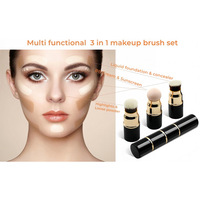 Pinceau cosmétique rétractable 3-en-1 format voyage, double embout en fibres synthétiques avec capuchon, pinceau multifonctionnel portable pour les lèvres et le visage