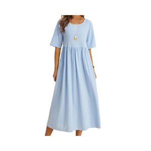 Top Sale Maxi Breathable Eco-Friendly Washable Nonwoven Casual <b>Summer</b> Cotton <b>Linen</b> <b>Dresses</b> Women Natural Waist Short Sleeve - Product Image 4