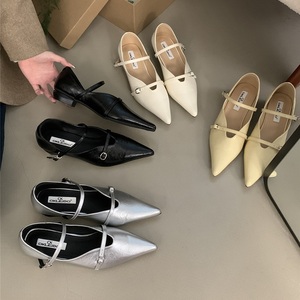 2025 <b>Pointed</b> <b>Toe</b> Women Mary Jane Black Silver Casual Mules Belt Buckle Shallow Low <b>Flat</b> Party Pumps Size 39 Shoes - Product Image 1