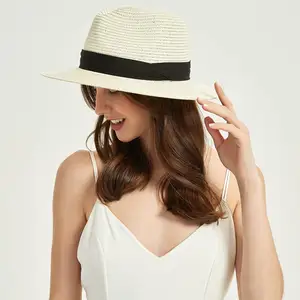 Commercio all'ingrosso di erba naturale sole Sombreros a tesa larga spiaggia più nuovo Design estate personalizzato donne cappello di paglia Panama