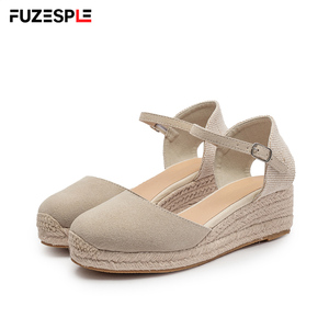 <span class=keywords><strong>Sandales</strong></span> d'été <span class=keywords><strong>compensées</strong></span> pour femmes en daim beige à bout fermé, avec bride de cheville et boucle, style espadrilles tressées - Product Image 3