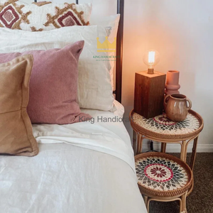 Export Quality Natural Woven Rattan Coffee <b>Table</b> <b>Round</b> Mother of Pearl Inlaid Top <b>Bedside</b> Accent Side <b>Table</b> - Product Image 4