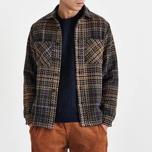 Custom Yellow Two Pocket Oversized Utility Flannel Check Casual Long Sleeve Plaid Men's Shirt