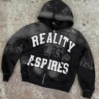 DCY Sweat à capuche zippé noir pour homme, avec strass, effet vieilli, noir délavé, clouté, commande en gros