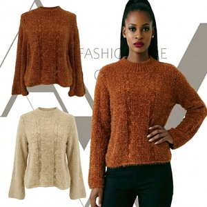 Pull en fil de plumes orange rouille douillet à col rond, épaules tombantes, style rétro, couleur caramel, tricot ample pour <span class=keywords><strong>femme</strong></span> - Product Image 2